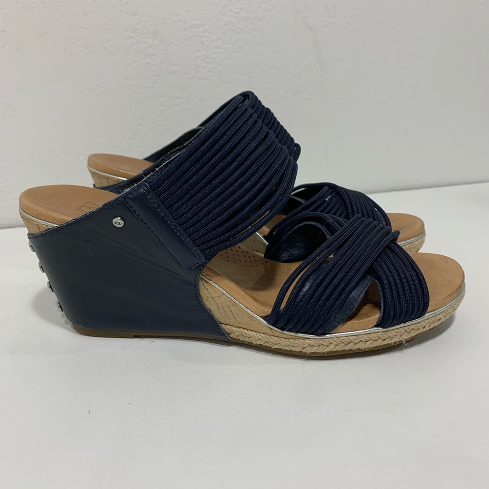 UGG Wedge Sandals Australian Hilarie Navy Blue Leather and elastic straps - 8.5 - Picture 3 of 16